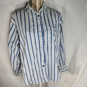 Catrina LTD Blue & White Striped Button Down Long Sleeve Top w/Pocket Sz Medium